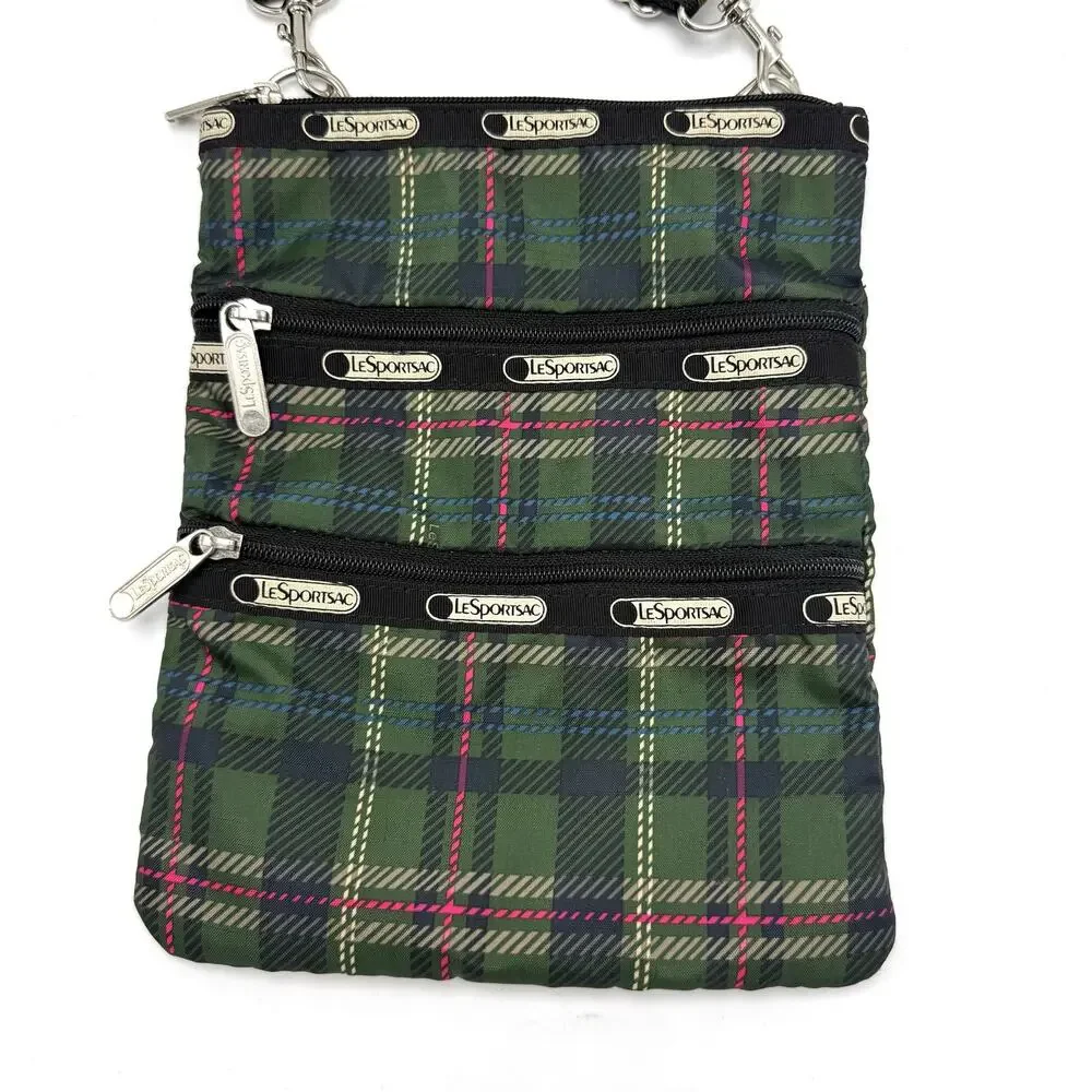 LeSportsac Green Plaid 3 Zip Crossbody Shoulder Bag Purse 7.5x9.5 Classic Casual